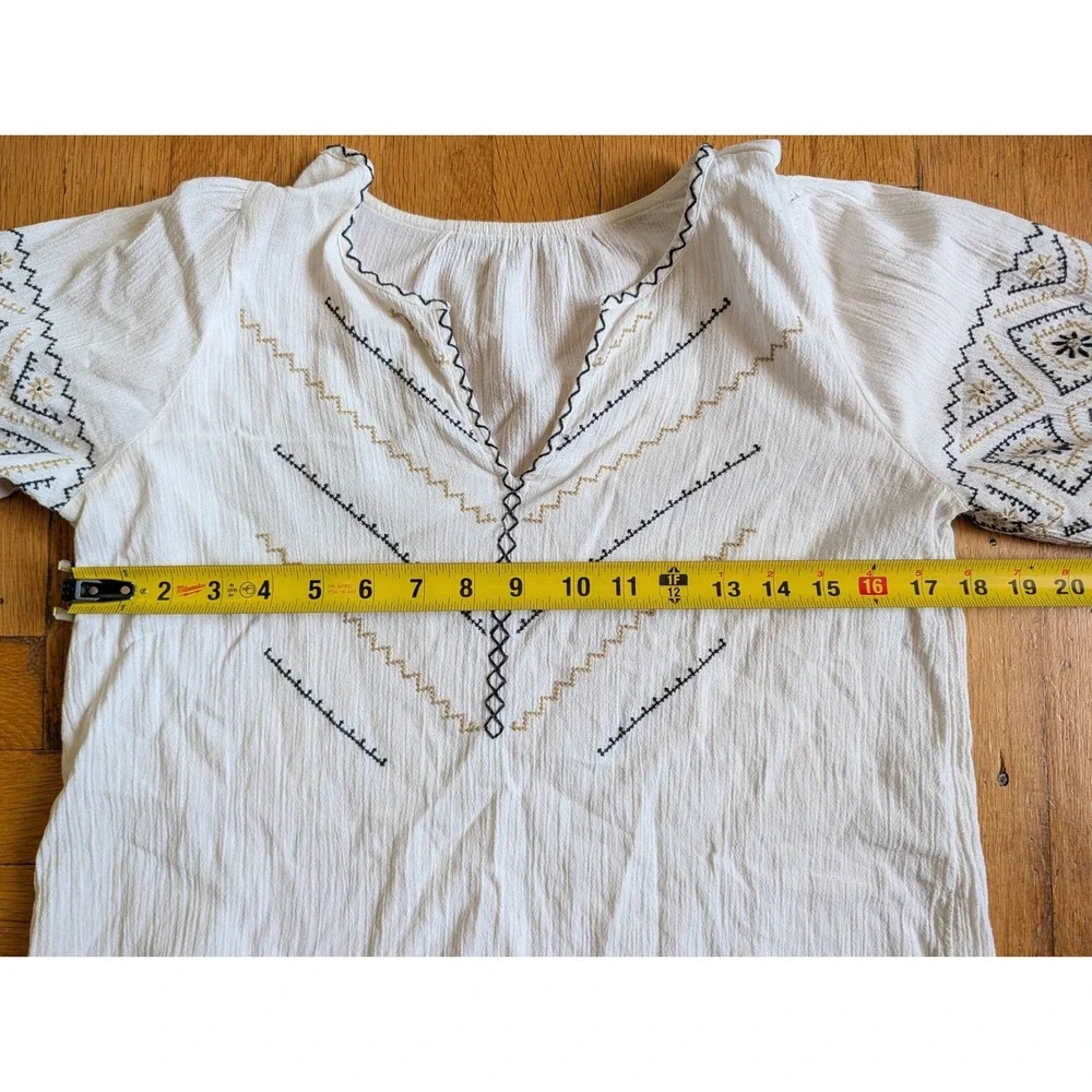 Madewell Peasant Top‎ 100% Cotton Cream Embroidered Puff Sleeve Notch Neck Boho